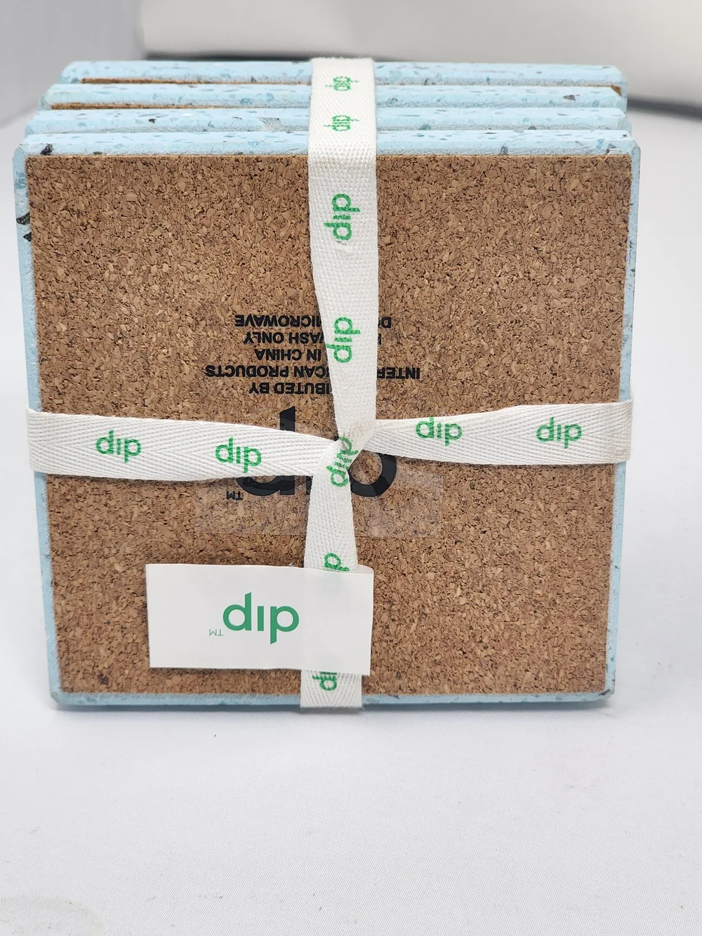dip Light Blue Terrazzo Cork Coaster Set with Branded Cream Ribbon